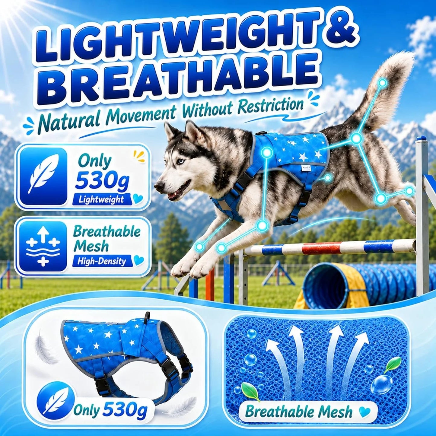 SAVIOR COOL Comfort Dog Cooling Vest for Medium Large Dogs, Soft Summer Cooling Harness with 4 Cold Source, SPF 50+ Sun Guard, Breathable Reflective Jacket for Hot Weather Safety