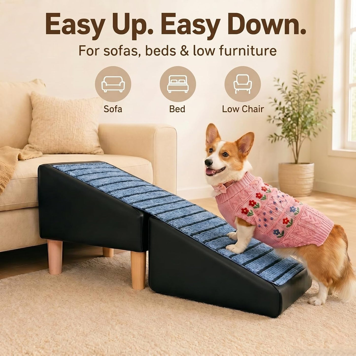 Non-Slip Dog Ramp for Bed Couch, Foldable Pet Stairs for Small Dogs | Non-Slip Foldable Pet Ramp Protects Senior & Injured Small Dog Joints, Easily Converting to a Comfy Leather Stool.