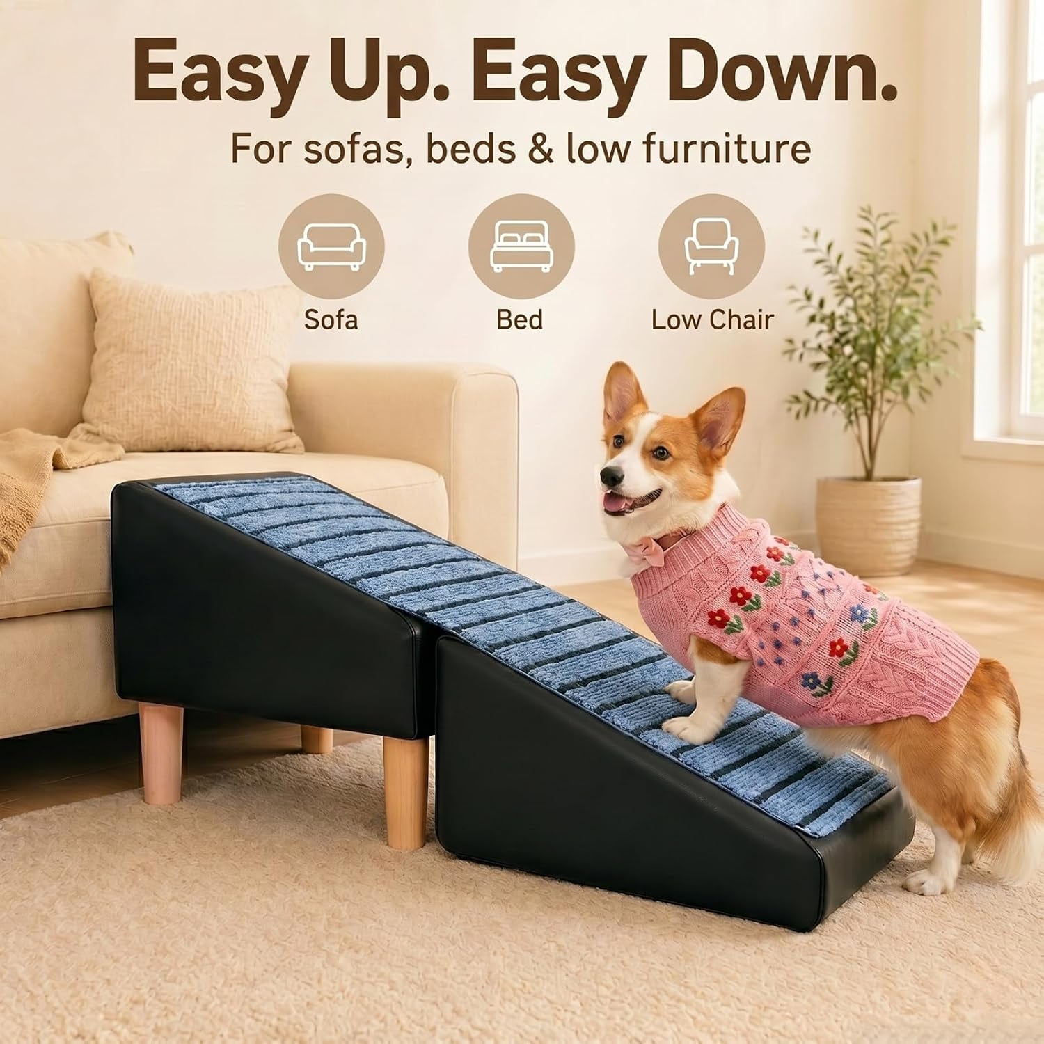 Non-Slip Dog Ramp for Bed Couch, Foldable Pet Stairs for Small Dogs | Non-Slip Foldable Pet Ramp Protects Senior & Injured Small Dog Joints, Easily Converting to a Comfy Leather Stool.