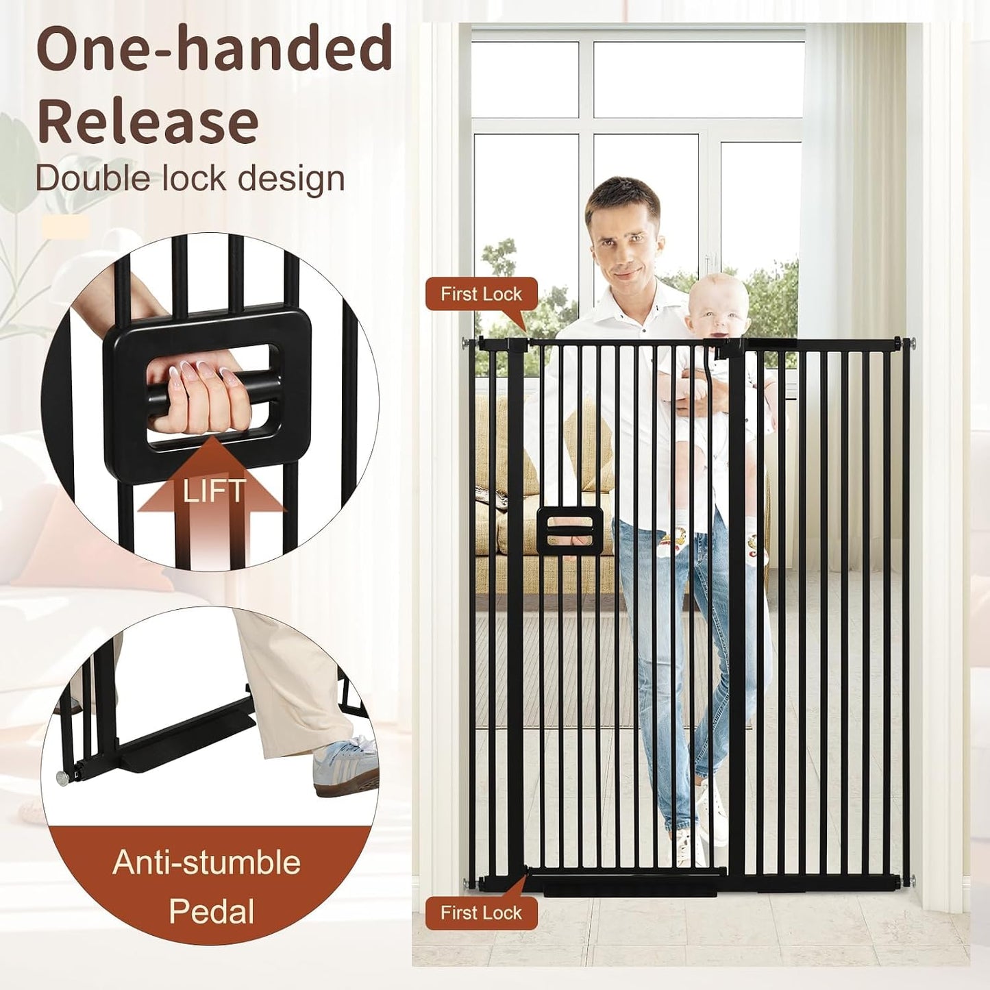 55" High Extra Tall Baby Gate, Safety Cat Gate for Doorways, Expands to 42.9"-46.9" Wide, Auto Close Dog Gate, No Drilling Pressure Mounted Cat Fence, Pet Gate Indoor for Stairs, Black