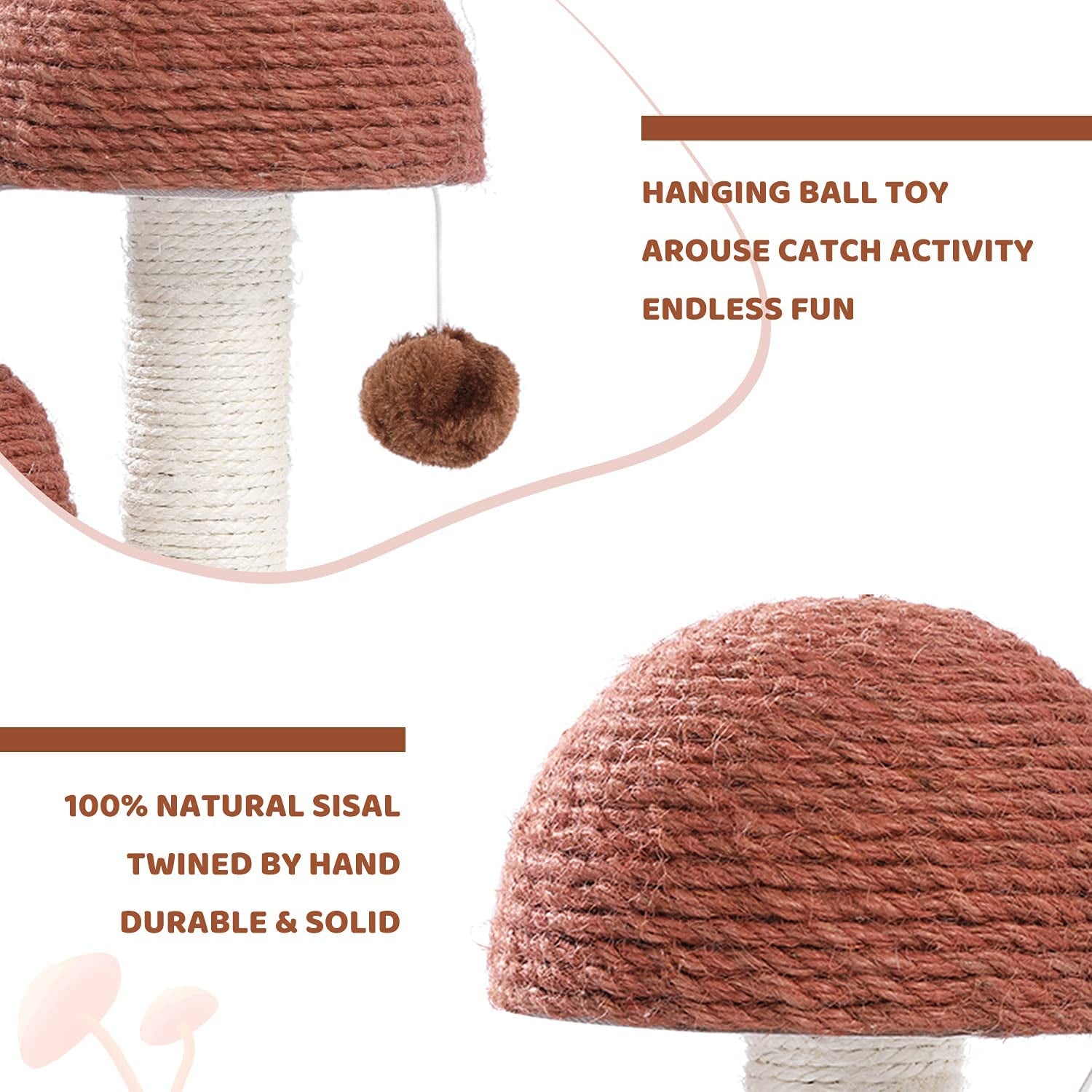 Cat Scratching Post, Mushroom Tall Cat Scratcher Featuring with Natural Sisal Scratching Poles and Interactive Toy Ball + Mushroom Cat Scratching Post, Cat Scratcher Cute