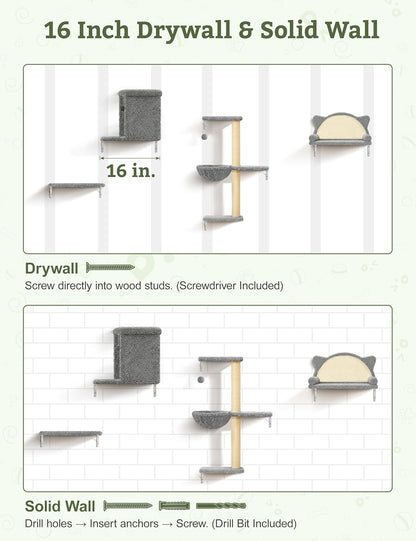 5-In-1 Cat Wall Shelves, Solid Wood Cat Wall Furniture Set for Indoor Cats | 44 Lb per Shelf, 72-Hour Load Tested, Pre-Drilled, Fits 16 In. Stud Drywall & Solid Walls, for Small to Medium Cats