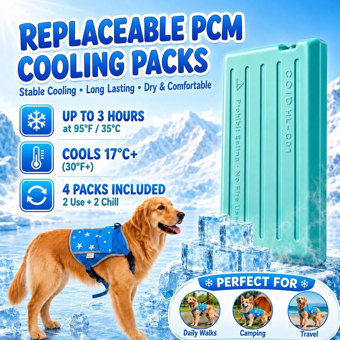 SAVIOR COOL Comfort Dog Cooling Vest for Medium Large Dogs, Soft Summer Cooling Harness with 4 Cold Source, SPF 50+ Sun Guard, Breathable Reflective Jacket for Hot Weather Safety