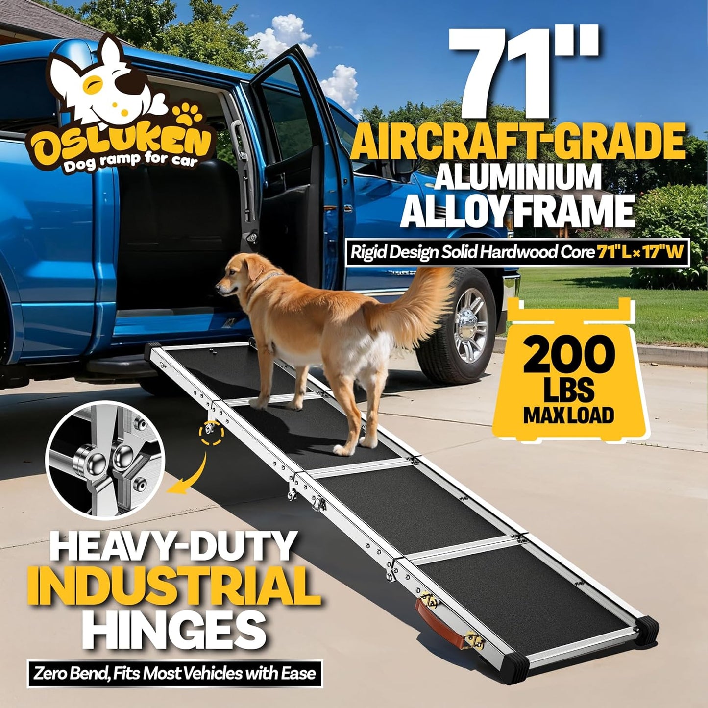 71" Aluminum Alloy Dog Ramp for Car SUV Truck Side Door, Foldable Outdoor Pet Ramp with Adjustable Support Head, Non-Slip Traction Surface, Sturdy Ramp for Large Dogs up to 200 LBS (4 Folded)
