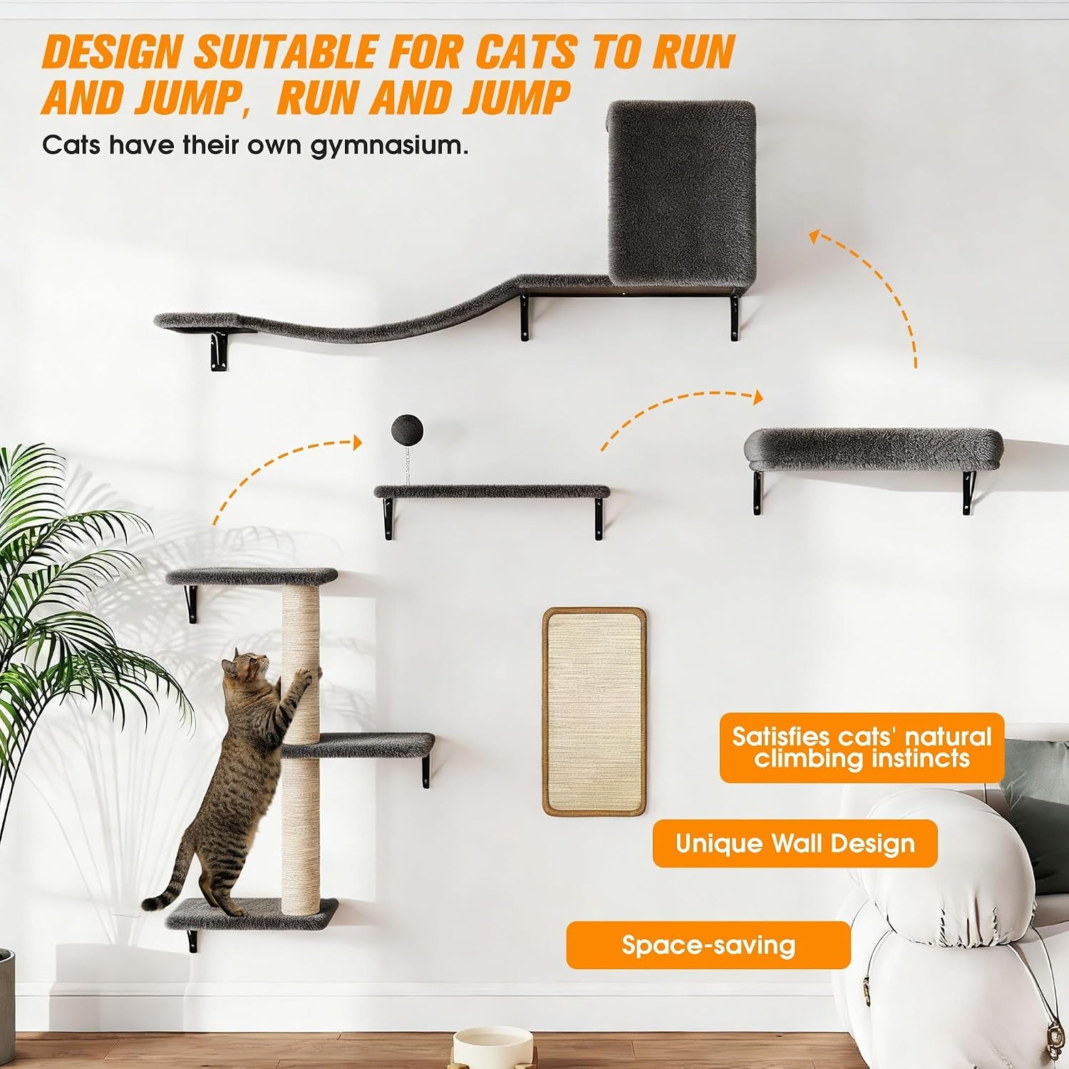 5-Piece Cat Tree Set with Wall Mounted Cat Shelves, Cat Scratching Post & Cat Wall Furniture, Multi-Functional Indoor Cat Jungle Gym, Essential for Cat Room, Suitable for Large Cats(Grey)