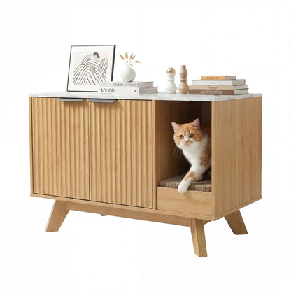 Home Cat Litter Box Enclosure, 31.5" Large Wooden Hidden Cat Litter Box Furniture,Indoor Cat Washroom for 2 Cats, Dual-Room Cats Cabinet W/Scratching Pad for Living Room Bedroom,Nature Finish