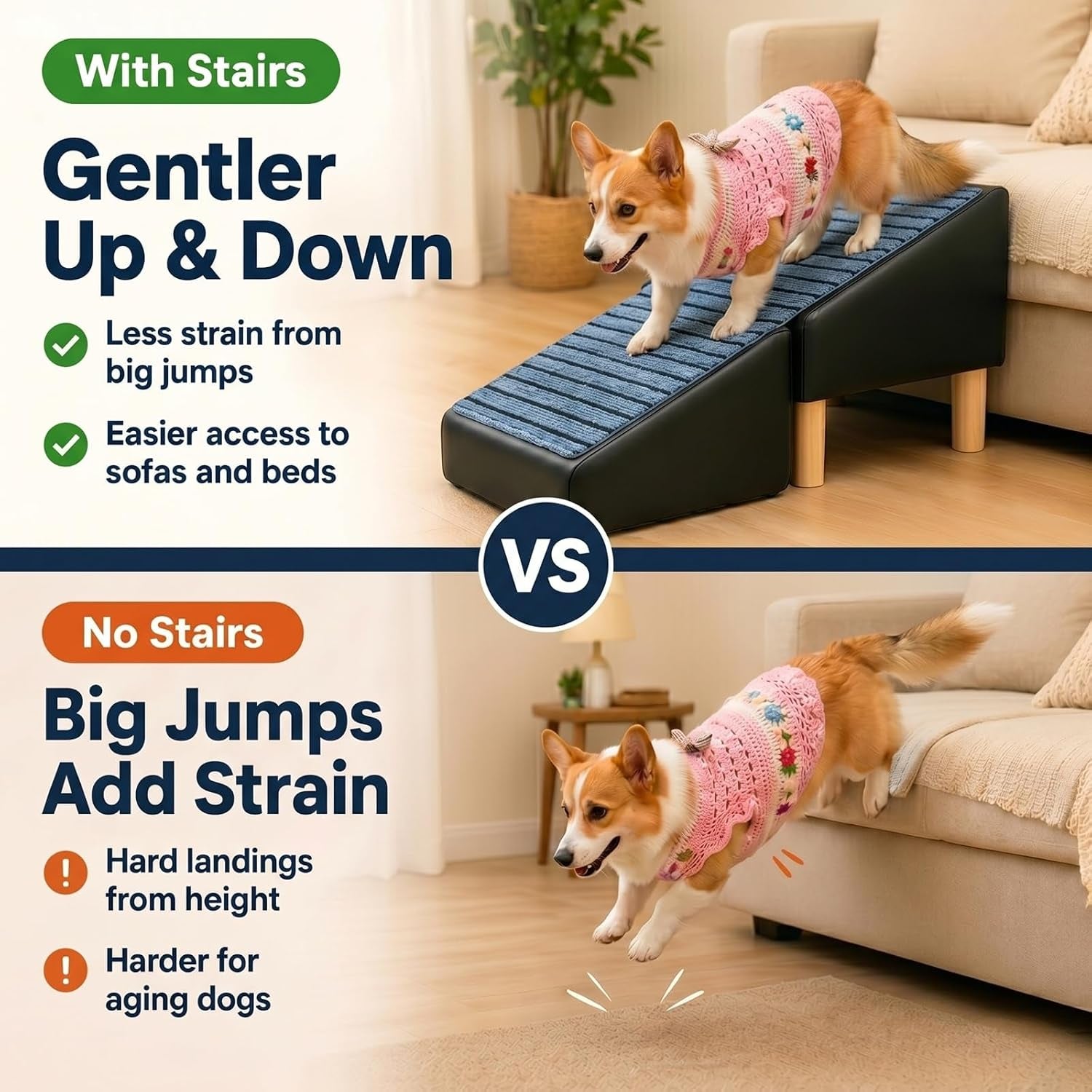 Non-Slip Dog Ramp for Bed Couch, Foldable Pet Stairs for Small Dogs | Non-Slip Foldable Pet Ramp Protects Senior & Injured Small Dog Joints, Easily Converting to a Comfy Leather Stool.