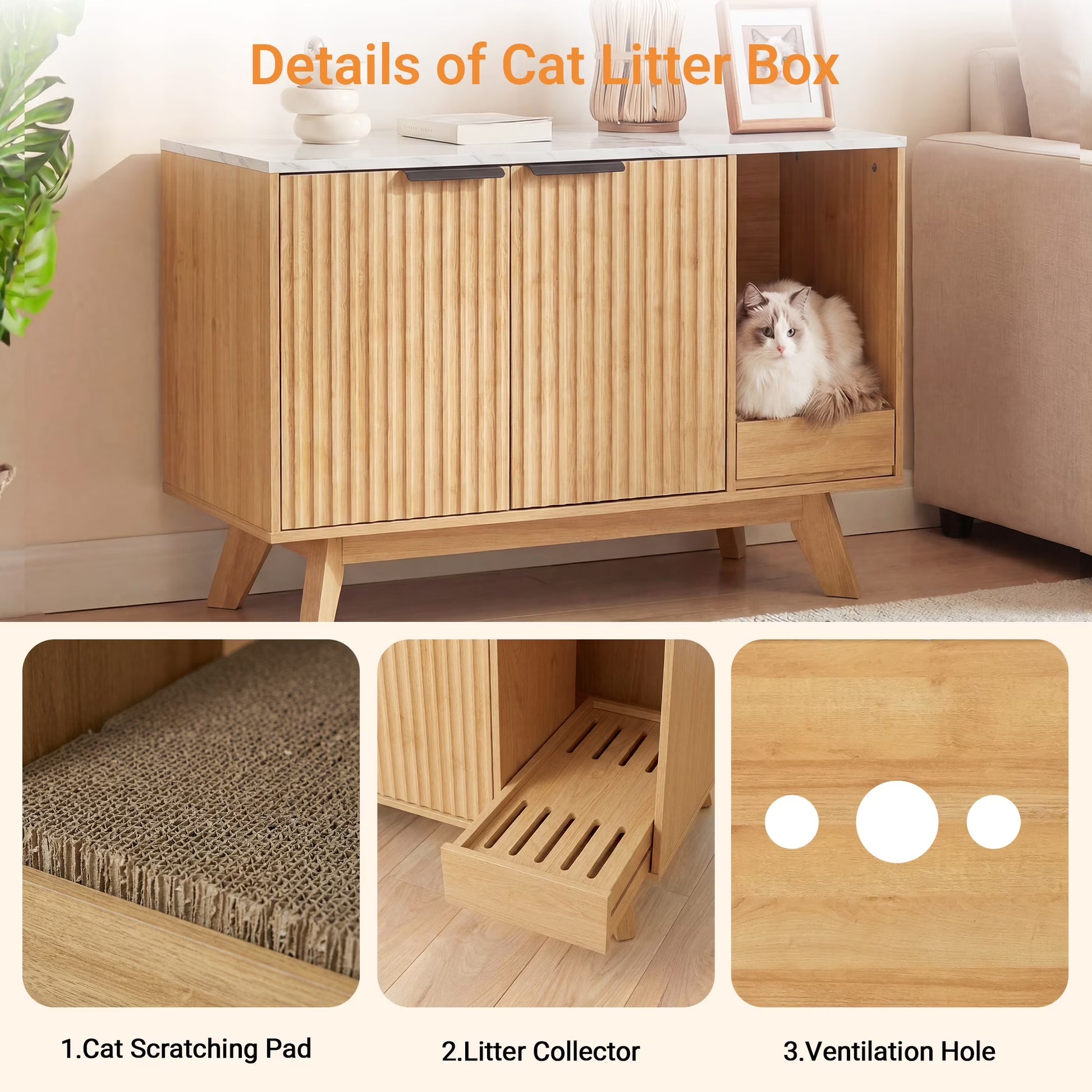 Home Cat Litter Box Enclosure, 31.5" Large Wooden Hidden Cat Litter Box Furniture,Indoor Cat Washroom for 2 Cats, Dual-Room Cats Cabinet W/Scratching Pad for Living Room Bedroom,Nature Finish