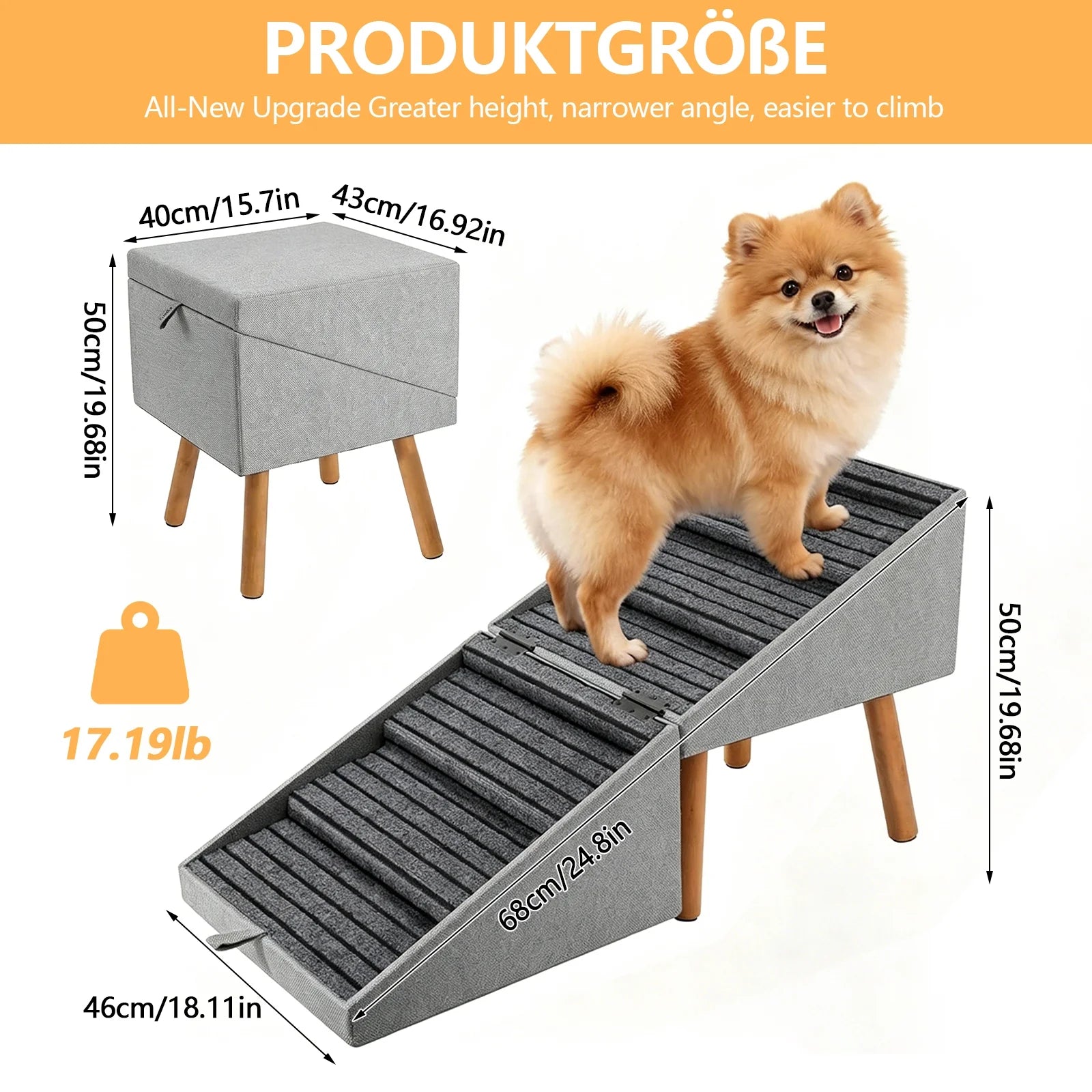 19.68" H 2-In-1 Foldable Wooden Dog Stairs & Ottoman for Couch/Bed, Non-Slip Pet Ramp/Steps with Joint Support for Small Medium Large Dogs Cats Puppy, Senior & Injured Pets, Space Saving Design