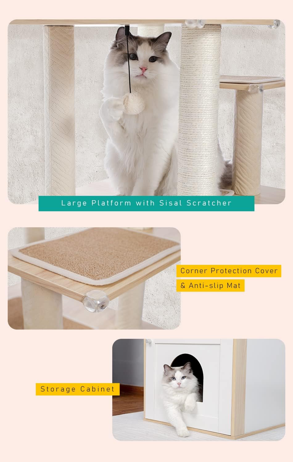 56.7" Cat Tree with Litter Box Enclosure Large, Wood Cat Tower for Indoor Cats with Storage Cabinet and Cozy Cat Condo, Sisal Covered Scratching Post and Repalcable Dangling Balls, Beige | Enclosed Cabinet Hides a Litter Box; with Cozy Condo, Sisal Scratching Posts, Spoon Hammock & Top Perch for Indoor Cats