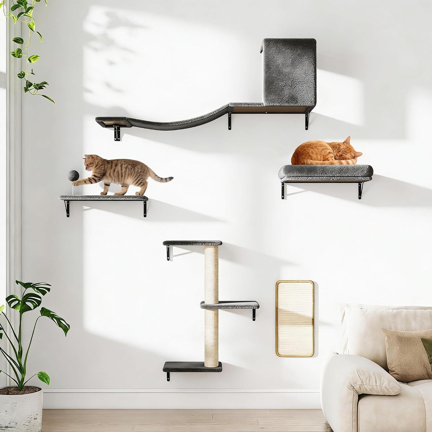 5-Piece Cat Tree Set with Wall Mounted Cat Shelves, Cat Scratching Post & Cat Wall Furniture, Multi-Functional Indoor Cat Jungle Gym, Essential for Cat Room, Suitable for Large Cats(Grey)