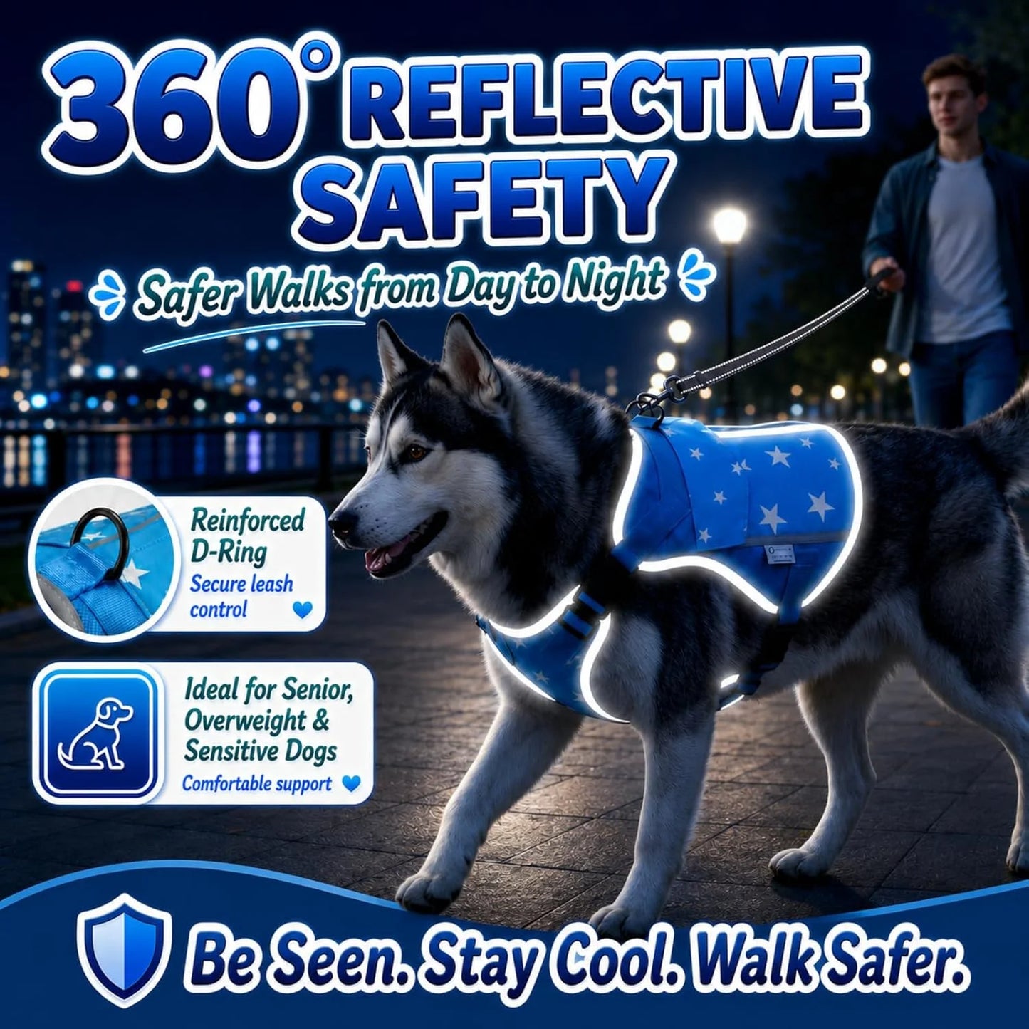 SAVIOR COOL Comfort Dog Cooling Vest for Medium Large Dogs, Soft Summer Cooling Harness with 4 Cold Source, SPF 50+ Sun Guard, Breathable Reflective Jacket for Hot Weather Safety