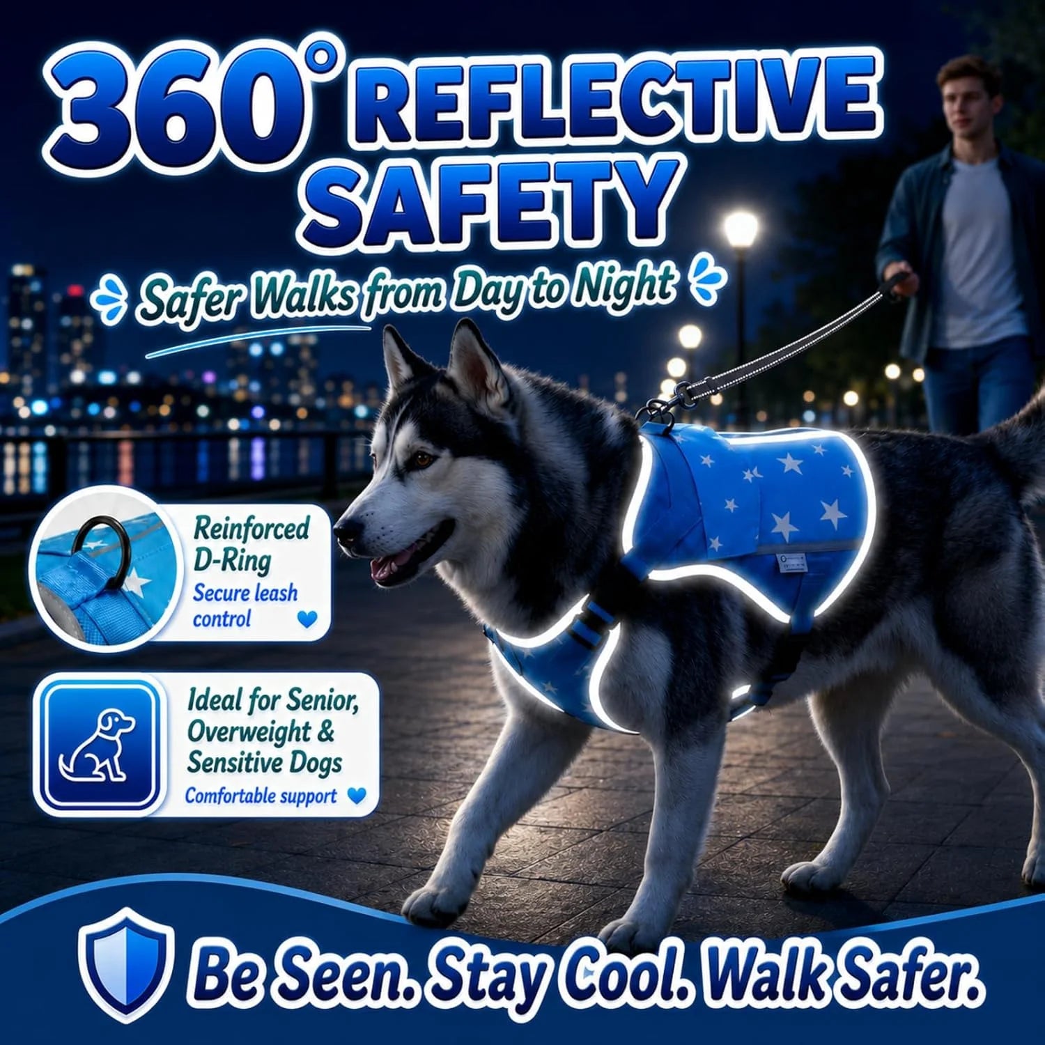 SAVIOR COOL Comfort Dog Cooling Vest for Medium Large Dogs, Soft Summer Cooling Harness with 4 Cold Source, SPF 50+ Sun Guard, Breathable Reflective Jacket for Hot Weather Safety