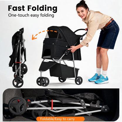 | 3-Wheel Pet Stroller | Dog and Cat Stroller | Breathable Mesh | Lightweight Travel Carrier | Waterproof & Foldable Design | Storage Basket | Black | for Daily Walks & Outdoor Use | Breathable Mesh | Lightweight, Waterproof Travel Carrier with Cup Holder & Storage Basket | for Daily Walks & Outdoor Use