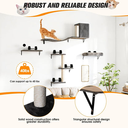 5-Piece Cat Tree Set with Wall Mounted Cat Shelves, Cat Scratching Post & Cat Wall Furniture, Multi-Functional Indoor Cat Jungle Gym, Essential for Cat Room, Suitable for Large Cats(Grey)