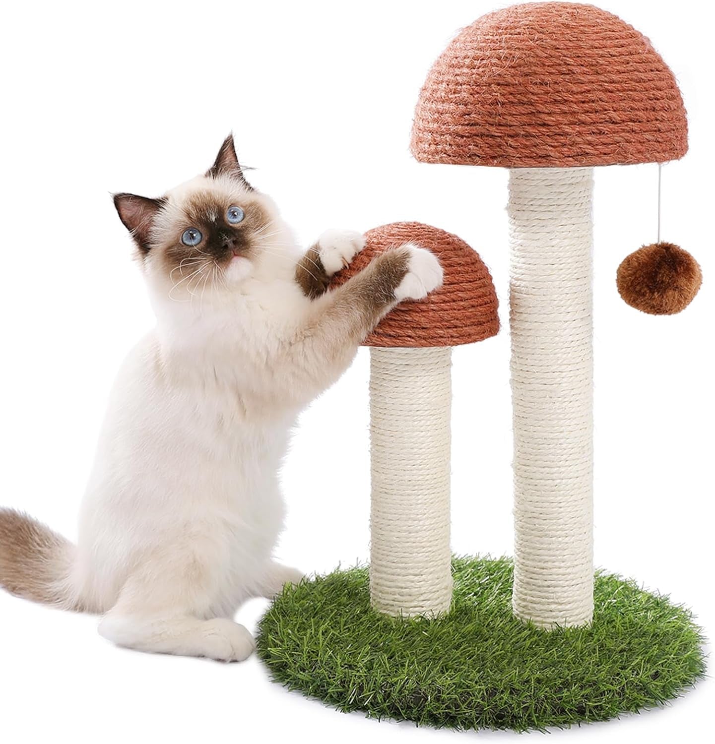 Cat Scratching Post, Mushroom Tall Cat Scratcher Featuring with Natural Sisal Scratching Poles and Interactive Toy Ball + Mushroom Cat Scratching Post, Cat Scratcher Cute