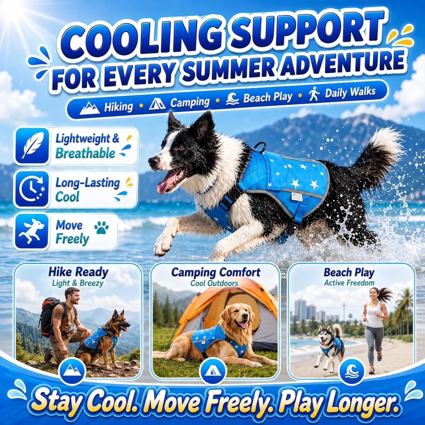 SAVIOR COOL Comfort Dog Cooling Vest for Medium Large Dogs, Soft Summer Cooling Harness with 4 Cold Source, SPF 50+ Sun Guard, Breathable Reflective Jacket for Hot Weather Safety