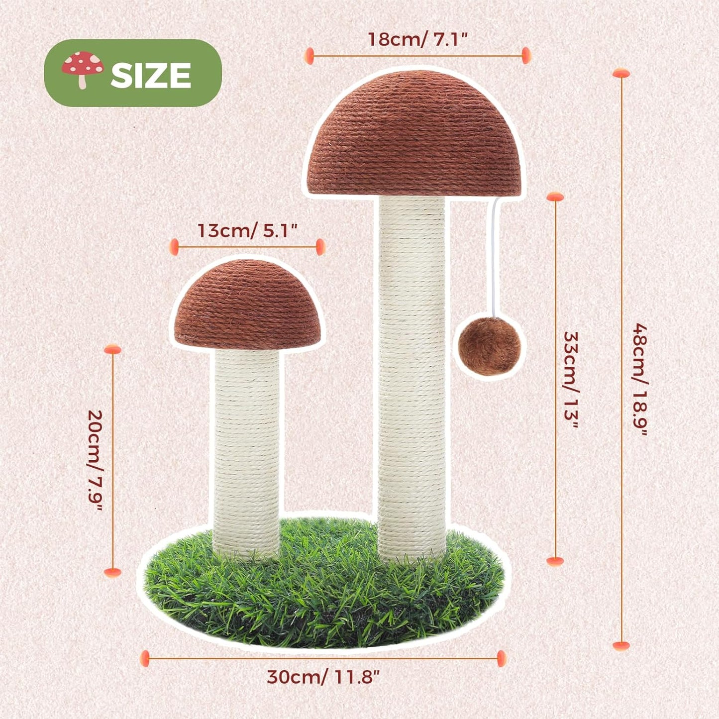 Cat Scratching Post, Mushroom Tall Cat Scratcher Featuring with Natural Sisal Scratching Poles and Interactive Toy Ball + Mushroom Cat Scratching Post, Cat Scratcher Cute