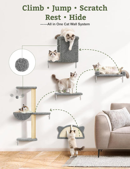5-In-1 Cat Wall Shelves, Solid Wood Cat Wall Furniture Set for Indoor Cats | 44 Lb per Shelf, 72-Hour Load Tested, Pre-Drilled, Fits 16 In. Stud Drywall & Solid Walls, for Small to Medium Cats