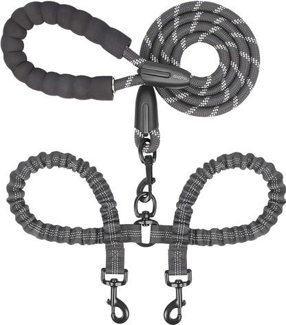 Double Dog Leash, 360° Swivel, No Tangle, Large, 25-150 Lbs, Black | Dual Leash for Two Dogs, Split Leash, Shock-Absorbing Bungee, Padded Handle, Heavy-Duty Rope