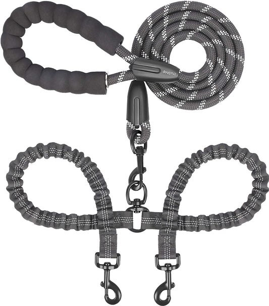 Double Dog Leash, 360° Swivel, No Tangle, Large, 25-150 Lbs, Black | Dual Leash for Two Dogs, Split Leash, Shock-Absorbing Bungee, Padded Handle, Heavy-Duty Rope