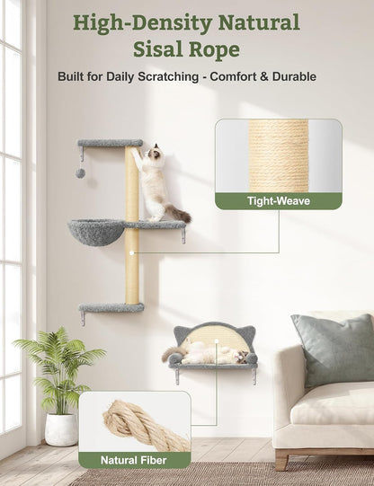 5-In-1 Cat Wall Shelves, Solid Wood Cat Wall Furniture Set for Indoor Cats | 44 Lb per Shelf, 72-Hour Load Tested, Pre-Drilled, Fits 16 In. Stud Drywall & Solid Walls, for Small to Medium Cats