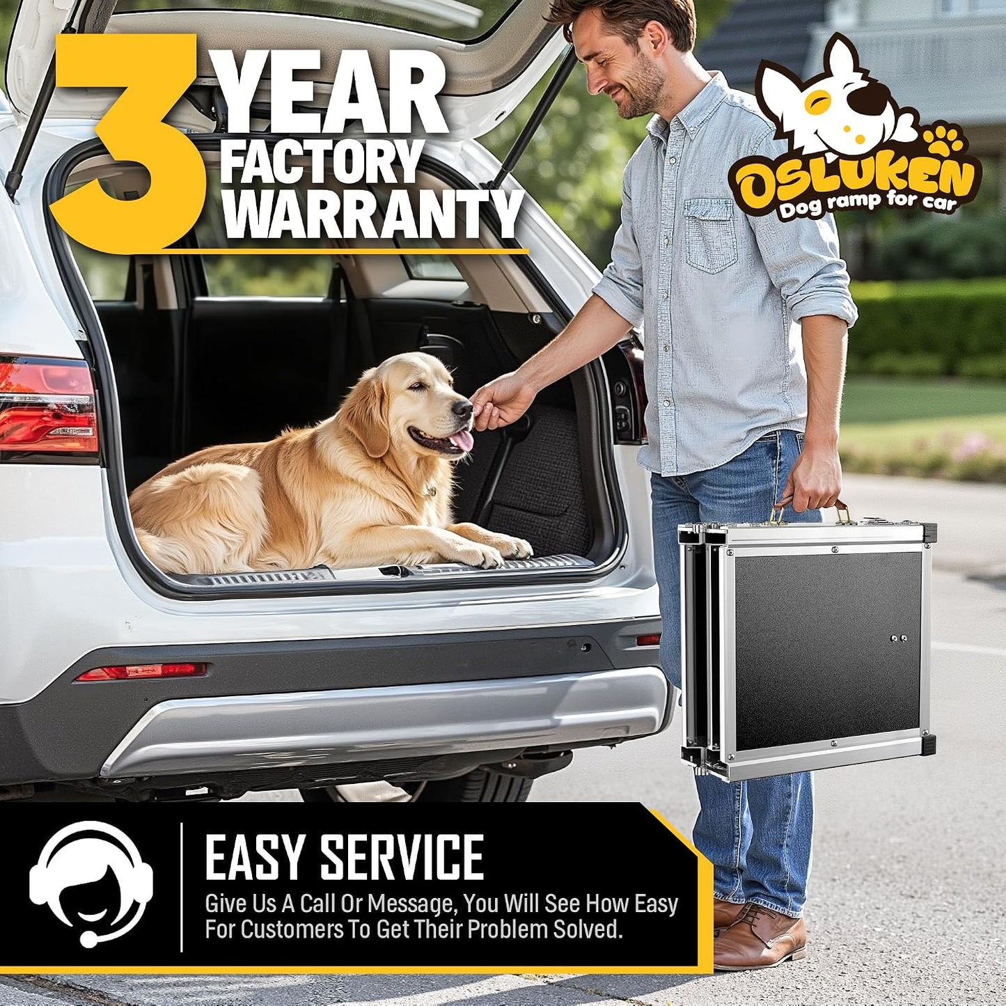 71" Aluminum Alloy Dog Ramp for Car SUV Truck Side Door, Foldable Outdoor Pet Ramp with Adjustable Support Head, Non-Slip Traction Surface, Sturdy Ramp for Large Dogs up to 200 LBS (4 Folded)