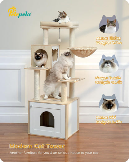 56.7" Cat Tree with Litter Box Enclosure Large, Wood Cat Tower for Indoor Cats with Storage Cabinet and Cozy Cat Condo, Sisal Covered Scratching Post and Repalcable Dangling Balls, Beige | Enclosed Cabinet Hides a Litter Box; with Cozy Condo, Sisal Scratching Posts, Spoon Hammock & Top Perch for Indoor Cats