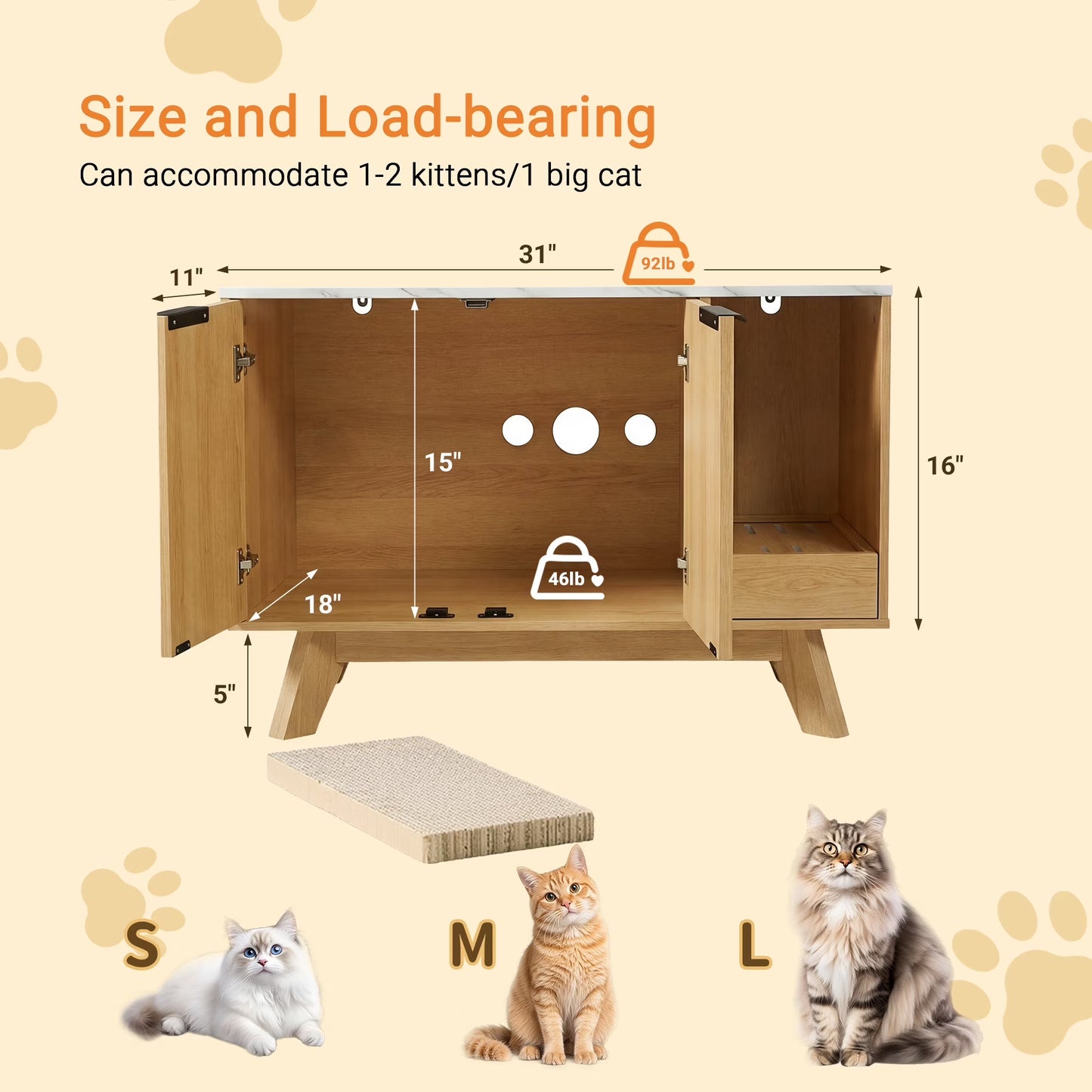 Home Cat Litter Box Enclosure, 31.5" Large Wooden Hidden Cat Litter Box Furniture,Indoor Cat Washroom for 2 Cats, Dual-Room Cats Cabinet W/Scratching Pad for Living Room Bedroom,Nature Finish