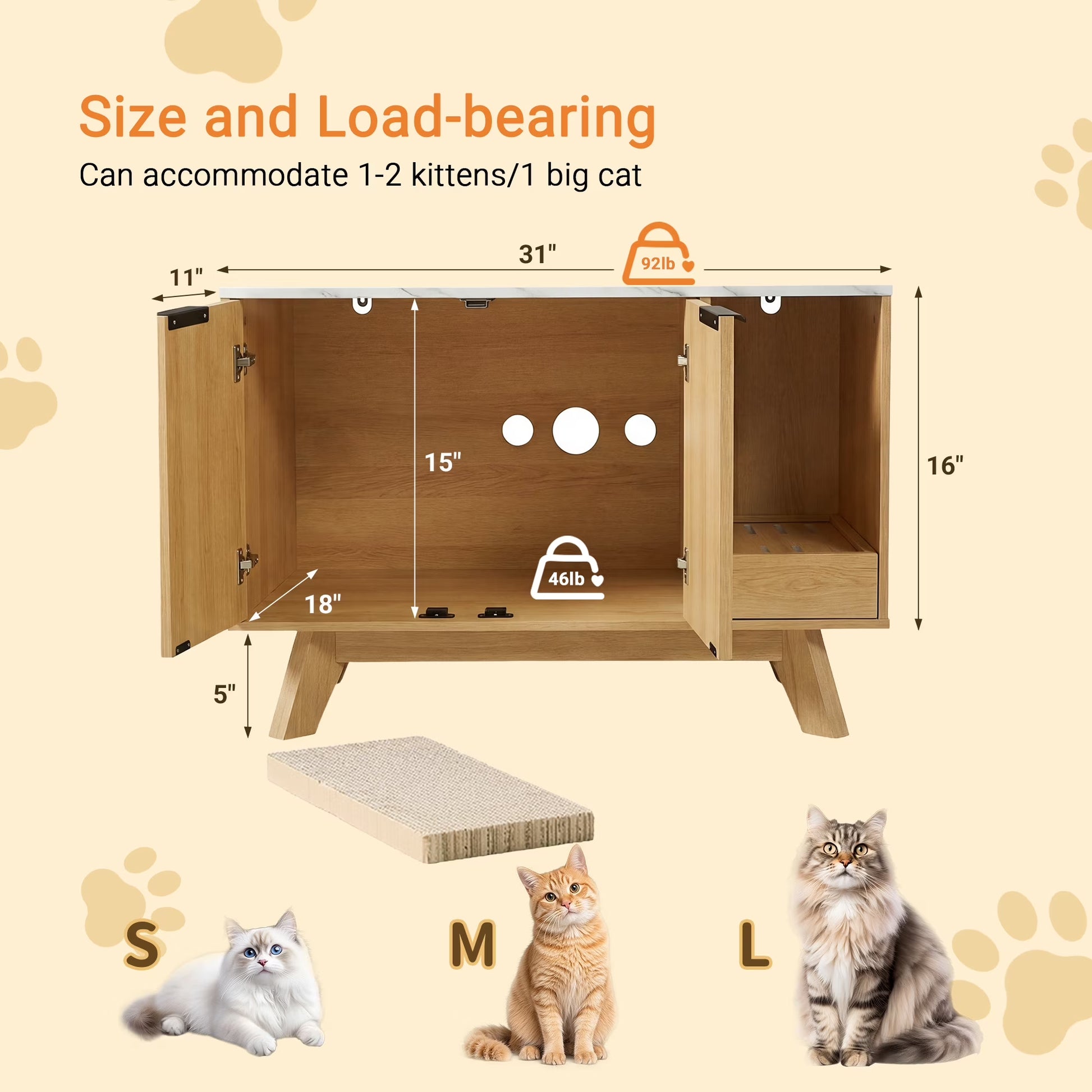 Home Cat Litter Box Enclosure, 31.5" Large Wooden Hidden Cat Litter Box Furniture,Indoor Cat Washroom for 2 Cats, Dual-Room Cats Cabinet W/Scratching Pad for Living Room Bedroom,Nature Finish