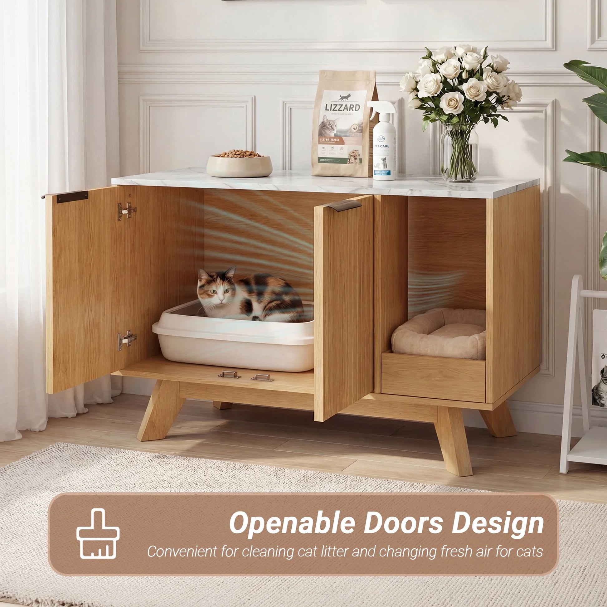 Home Cat Litter Box Enclosure, 31.5" Large Wooden Hidden Cat Litter Box Furniture,Indoor Cat Washroom for 2 Cats, Dual-Room Cats Cabinet W/Scratching Pad for Living Room Bedroom,Nature Finish