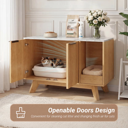Home Cat Litter Box Enclosure, 31.5" Large Wooden Hidden Cat Litter Box Furniture,Indoor Cat Washroom for 2 Cats, Dual-Room Cats Cabinet W/Scratching Pad for Living Room Bedroom,Nature Finish