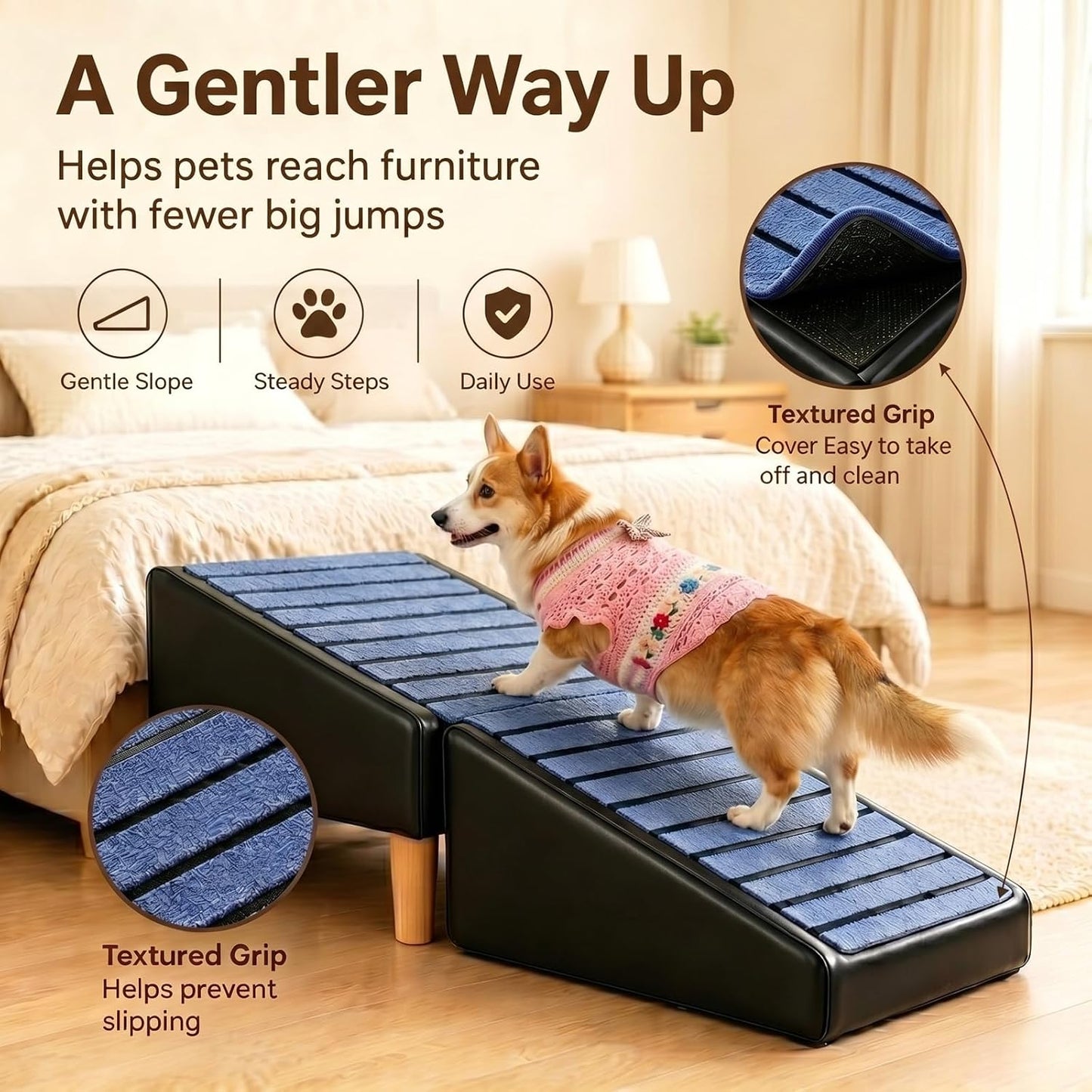 Non-Slip Dog Ramp for Bed Couch, Foldable Pet Stairs for Small Dogs | Non-Slip Foldable Pet Ramp Protects Senior & Injured Small Dog Joints, Easily Converting to a Comfy Leather Stool.