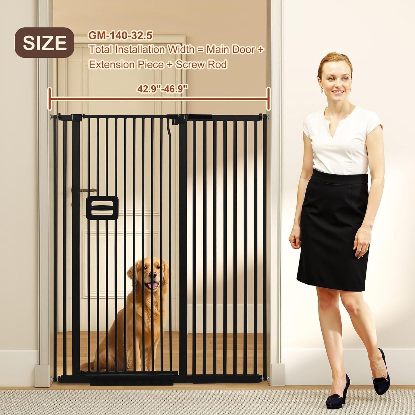 55" High Extra Tall Baby Gate, Safety Cat Gate for Doorways, Expands to 42.9"-46.9" Wide, Auto Close Dog Gate, No Drilling Pressure Mounted Cat Fence, Pet Gate Indoor for Stairs, Black
