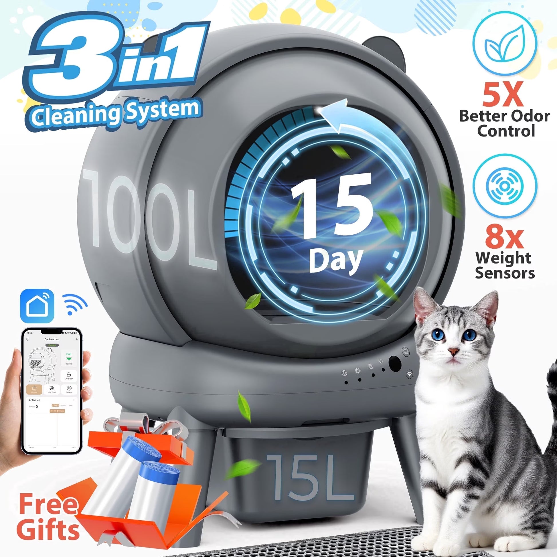 Self Cleaning Litter Box, 100 L+15L Automatic Cat Litter Box Self Cleaning for Multiple Cats, with Safety Protection, App Control,2 Roll Garbage Bags+Cat Litter Mat