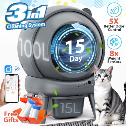 Self Cleaning Litter Box, 100 L+15L Automatic Cat Litter Box Self Cleaning for Multiple Cats, with Safety Protection, App Control,2 Roll Garbage Bags+Cat Litter Mat
