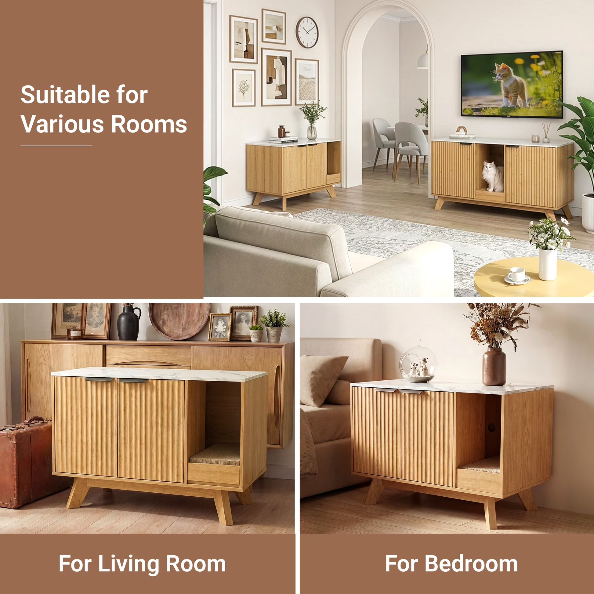 Home Cat Litter Box Enclosure, 31.5" Large Wooden Hidden Cat Litter Box Furniture,Indoor Cat Washroom for 2 Cats, Dual-Room Cats Cabinet W/Scratching Pad for Living Room Bedroom,Nature Finish