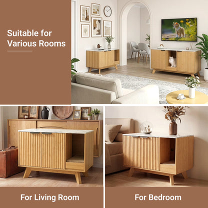 Home Cat Litter Box Enclosure, 31.5" Large Wooden Hidden Cat Litter Box Furniture,Indoor Cat Washroom for 2 Cats, Dual-Room Cats Cabinet W/Scratching Pad for Living Room Bedroom,Nature Finish
