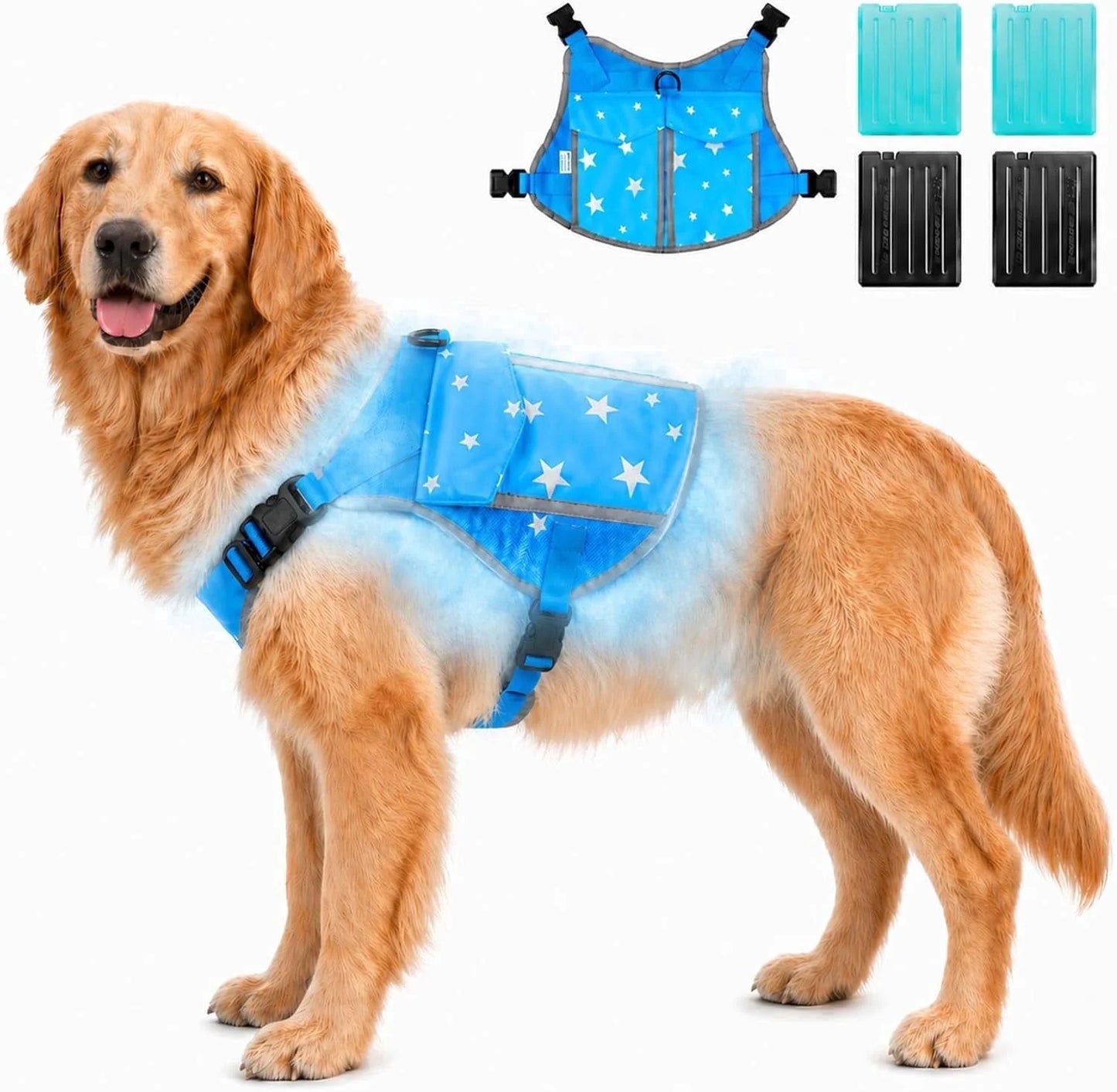 SAVIOR COOL Comfort Dog Cooling Vest for Medium Large Dogs, Soft Summer Cooling Harness with 4 Cold Source, SPF 50+ Sun Guard, Breathable Reflective Jacket for Hot Weather Safety