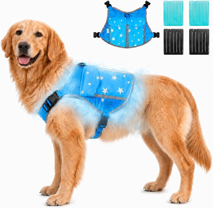 SAVIOR COOL Comfort Dog Cooling Vest for Medium Large Dogs, Soft Summer Cooling Harness with 4 Cold Source, SPF 50+ Sun Guard, Breathable Reflective Jacket for Hot Weather Safety
