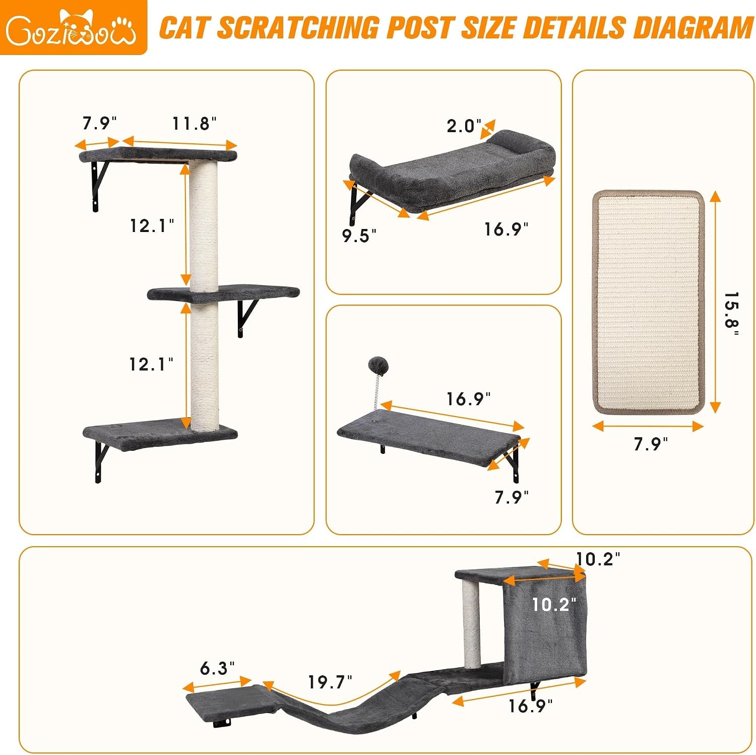 5-Piece Cat Tree Set with Wall Mounted Cat Shelves, Cat Scratching Post & Cat Wall Furniture, Multi-Functional Indoor Cat Jungle Gym, Essential for Cat Room, Suitable for Large Cats(Grey)
