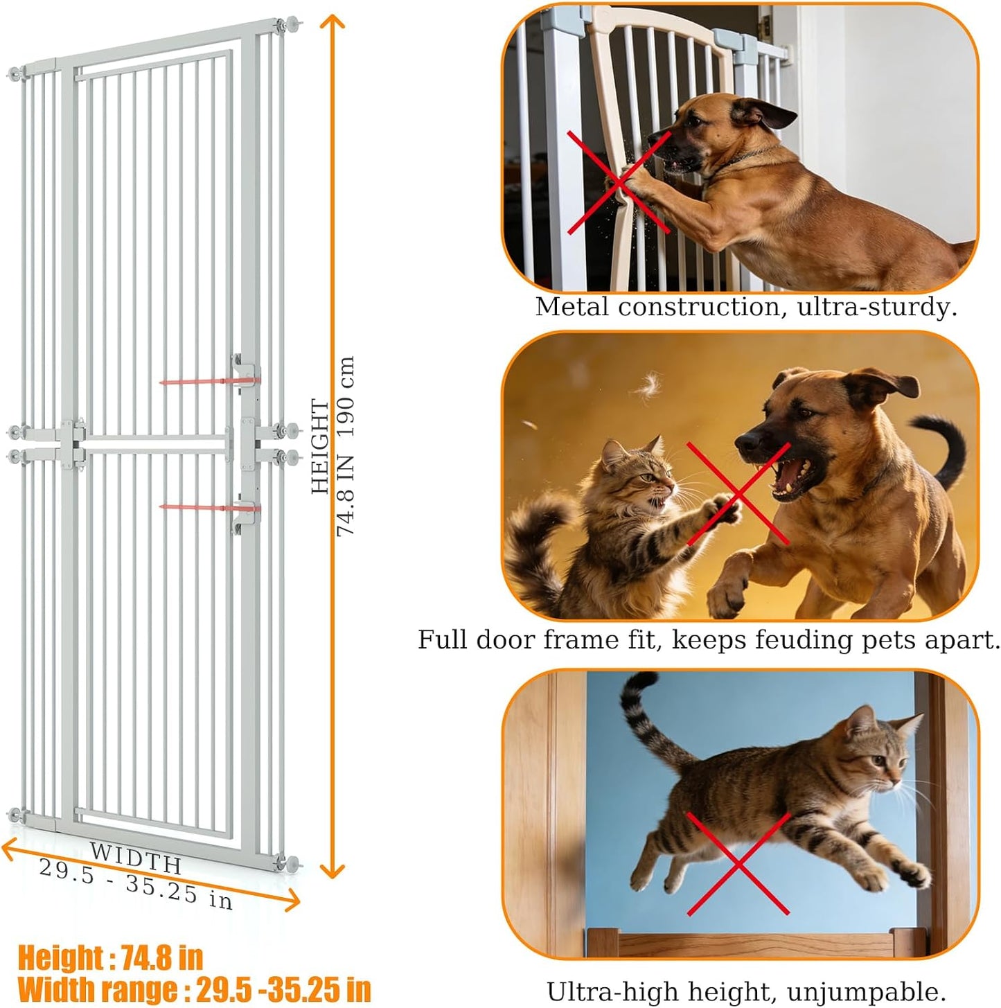 74.8" Extra Tall Cat Gate for Doorway,29.5"-35.25" Extra Pet Gate White | Extra Tall Pet Gate for Doorway Hallway Stairs with 8 Pressure Bolts ,NO Drilling Pressure Mounted Indoor