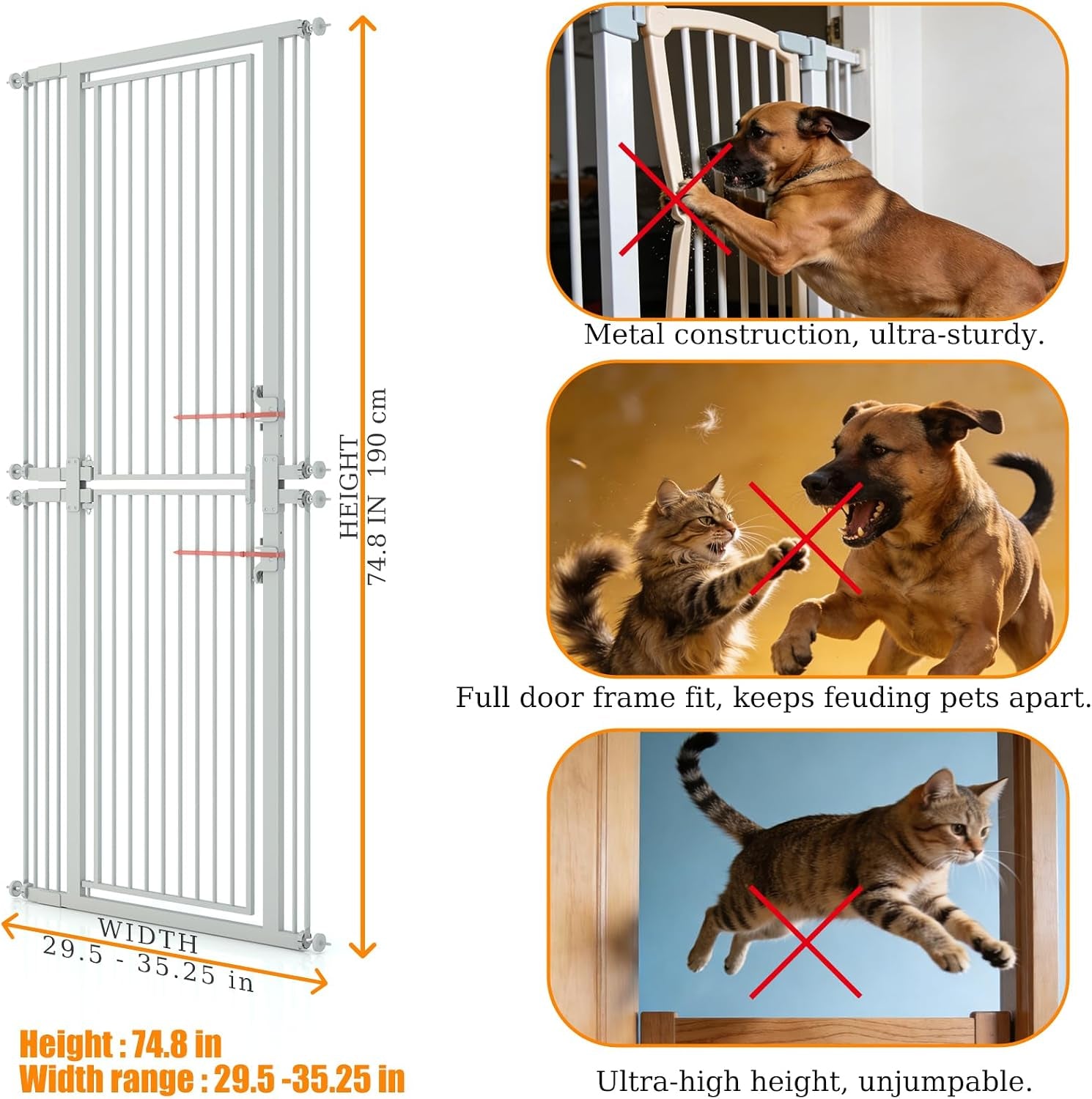 74.8" Extra Tall Cat Gate for Doorway,29.5"-35.25" Extra Pet Gate White | Extra Tall Pet Gate for Doorway Hallway Stairs with 8 Pressure Bolts ,NO Drilling Pressure Mounted Indoor