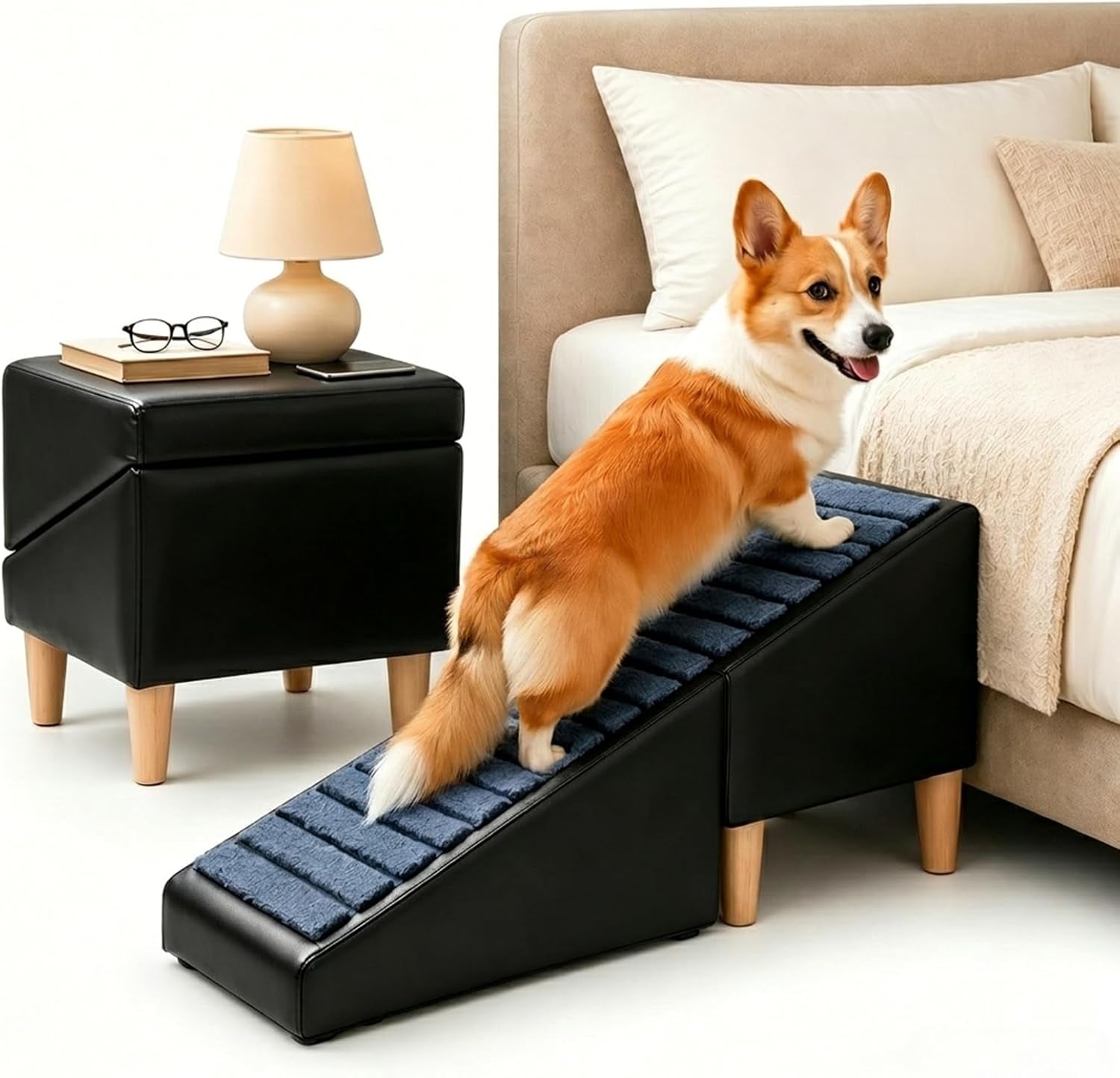 Non-Slip Dog Ramp for Bed Couch, Foldable Pet Stairs for Small Dogs | Non-Slip Foldable Pet Ramp Protects Senior & Injured Small Dog Joints, Easily Converting to a Comfy Leather Stool.