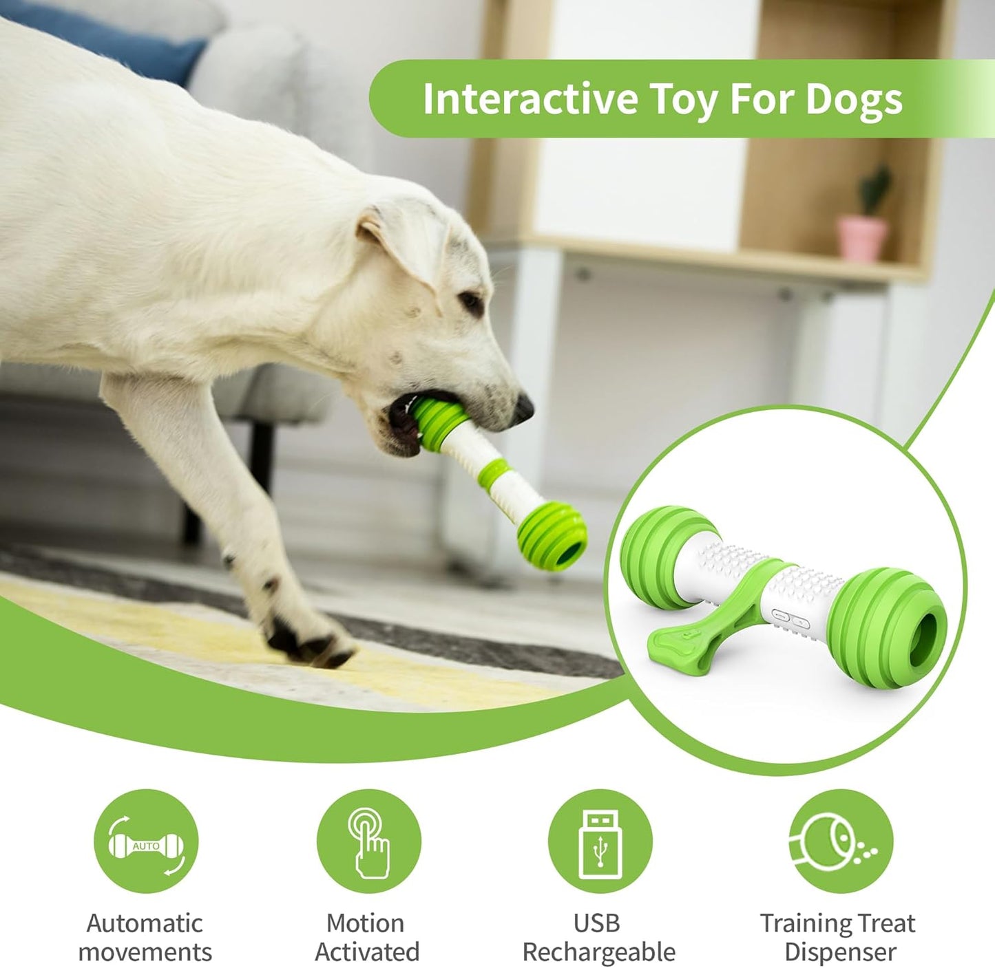 Interactive Motion-Activated Electronic Dog Toy - USB Rechargeable Automatic Dog Bone for Medium to Large Dogs - Stimulating Play for Boredom Relief (Green)