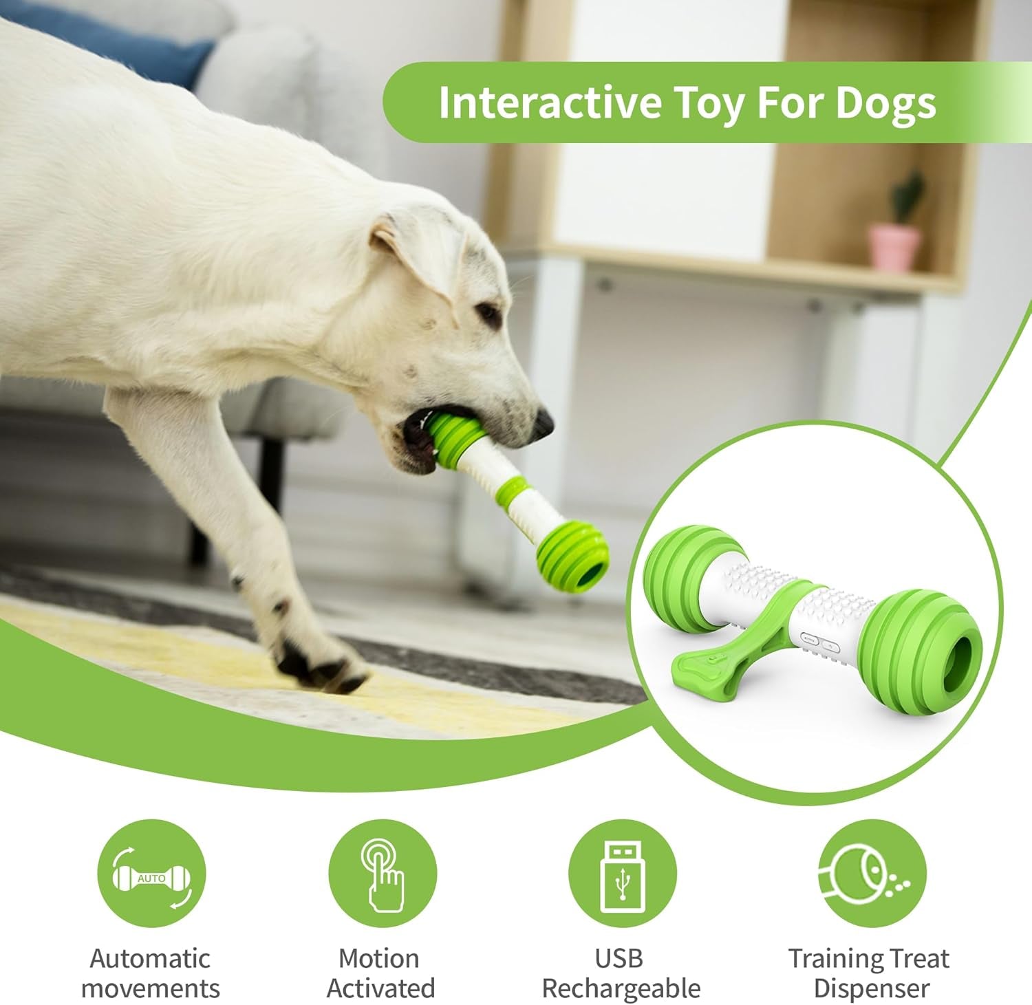 Interactive Motion-Activated Electronic Dog Toy - USB Rechargeable Automatic Dog Bone for Medium to Large Dogs - Stimulating Play for Boredom Relief (Green)