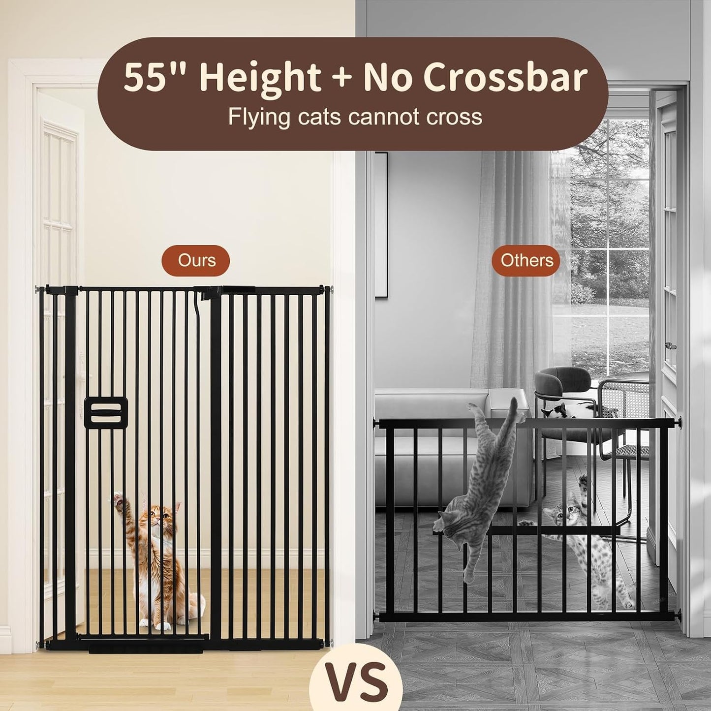 55" High Extra Tall Baby Gate, Safety Cat Gate for Doorways, Expands to 42.9"-46.9" Wide, Auto Close Dog Gate, No Drilling Pressure Mounted Cat Fence, Pet Gate Indoor for Stairs, Black