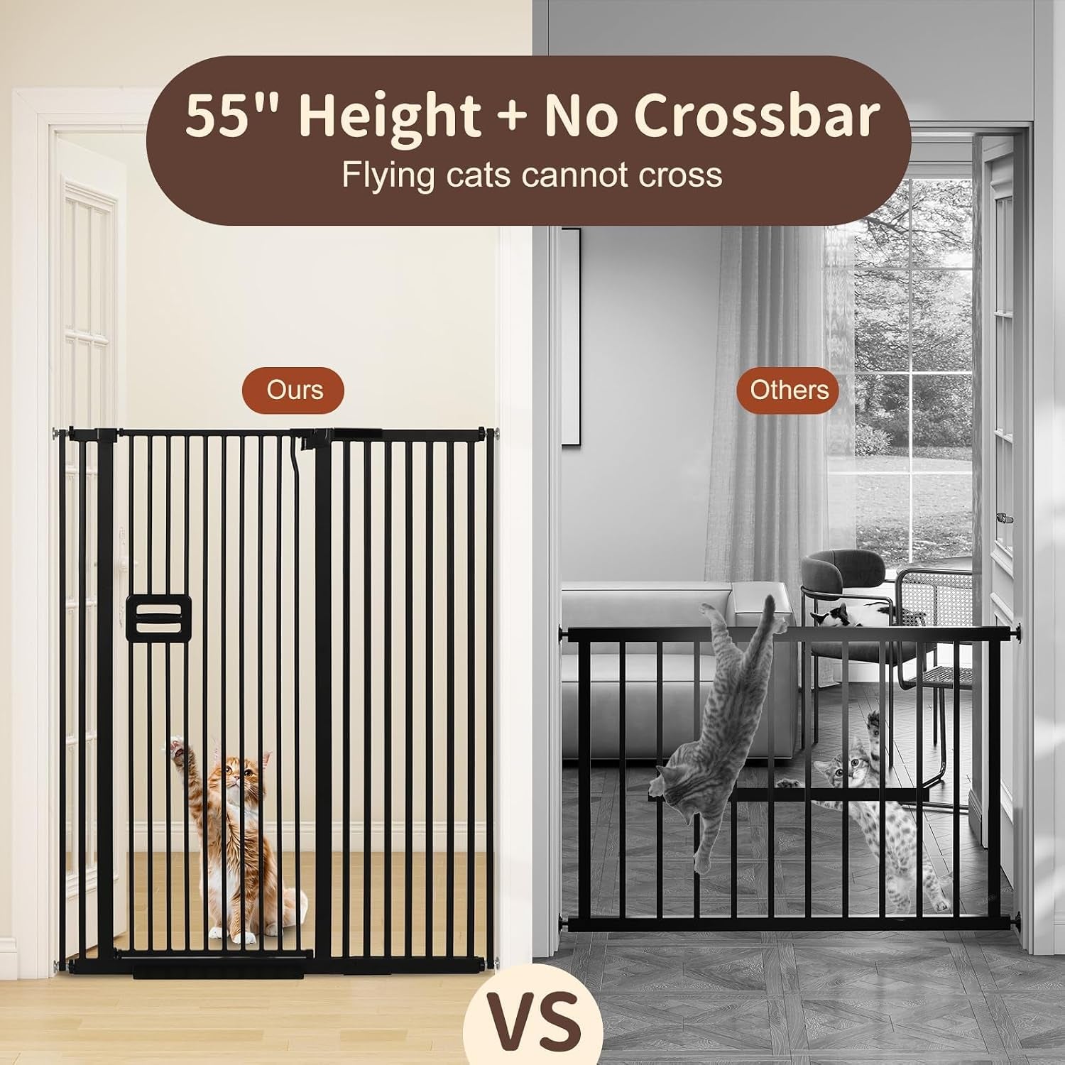 55" High Extra Tall Baby Gate, Safety Cat Gate for Doorways, Expands to 42.9"-46.9" Wide, Auto Close Dog Gate, No Drilling Pressure Mounted Cat Fence, Pet Gate Indoor for Stairs, Black