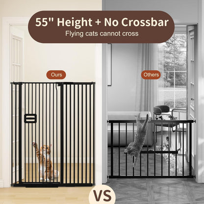 55" High Extra Tall Baby Gate, Safety Cat Gate for Doorways, Expands to 42.9"-46.9" Wide, Auto Close Dog Gate, No Drilling Pressure Mounted Cat Fence, Pet Gate Indoor for Stairs, Black