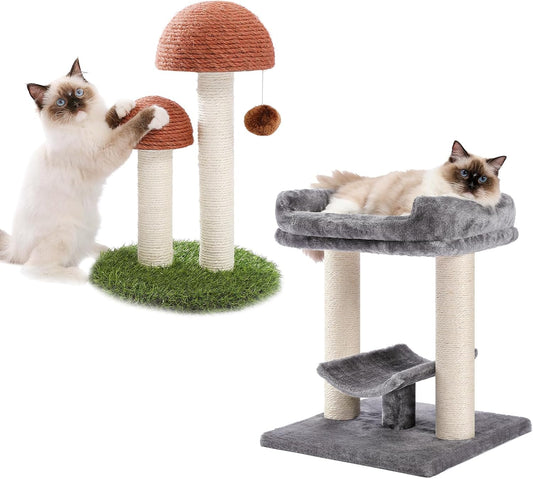 Cat Scratching Post, Mushroom Tall Cat Scratcher Featuring with Natural Sisal Scratching Poles+19" Cat Scratching Post, Cat Tree Tower, 100% Natural Sisal Cat Scratcher with Plush Top Perch
